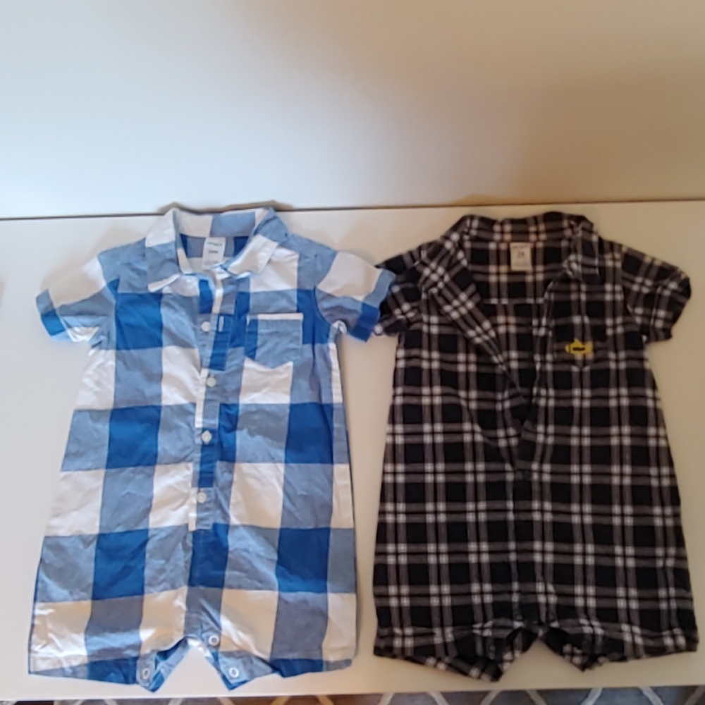 Two blue and white Carter's onsies